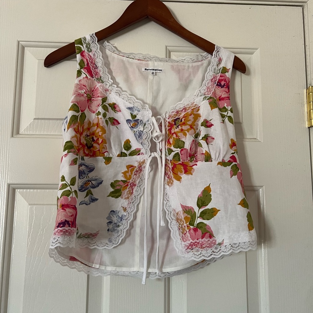 Reformation Rosalie Linen Top white lace floral tie square summer hot flirty - Picture 6 of 11